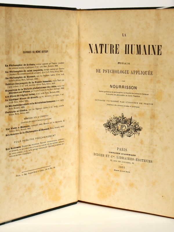 La Nature humaine. Jean-Félix Nourrisson. Librairie académique Didier & Cie. 1865. Page titre.