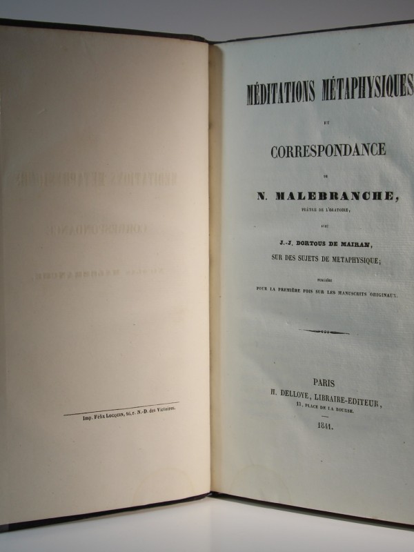 Méditations métaphysiques. Nicolas Malebranche. H. Delloye. 1841. Page titre.