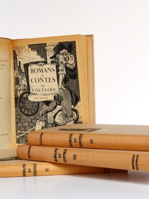 Romans et contes de Voltaire, bois gravés de Enrique Marin. Nouvelle Librairie de France 1965-1966. Page titre et frontispice Tome premier.