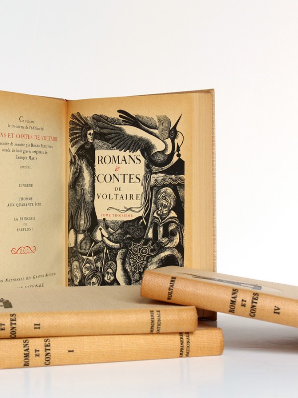 Romans et contes de Voltaire, bois gravés de Enrique Marin. Nouvelle Librairie de France 1965-1966. Page titre et frontispice Tome troisième.