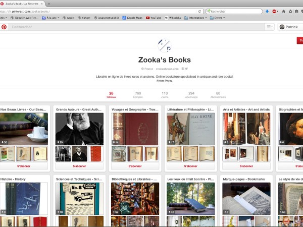 Page d'accueil de Zooka's Books, librairie en ligne de livres rares, sur Pinterest. 14 avril 2016.