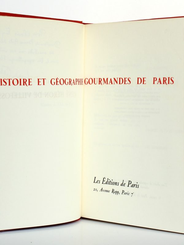 Histoire et géographie gourmandes de Paris. René Héron de Villefosse. Éditions de Paris 1956. Pages titre.