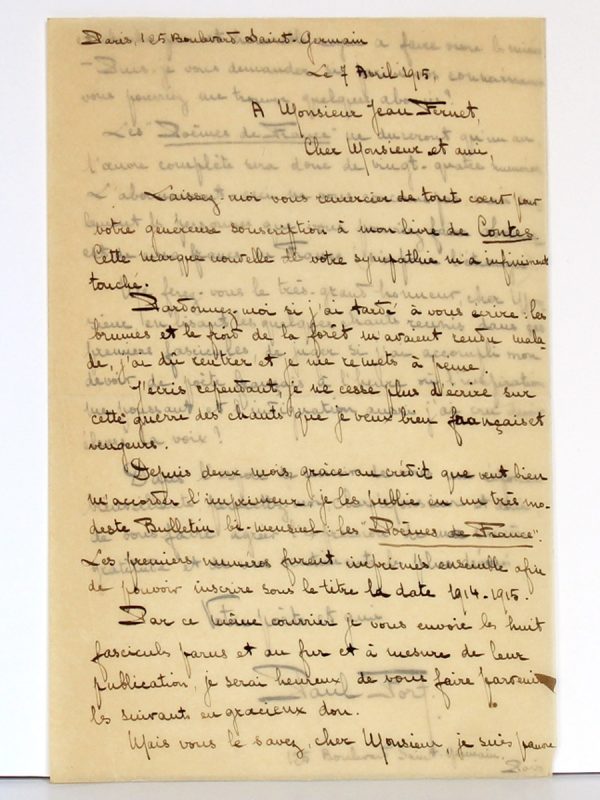 Lettre de Paul Fort à Jean Fernet, datée du 7 avril 1915. Première page.