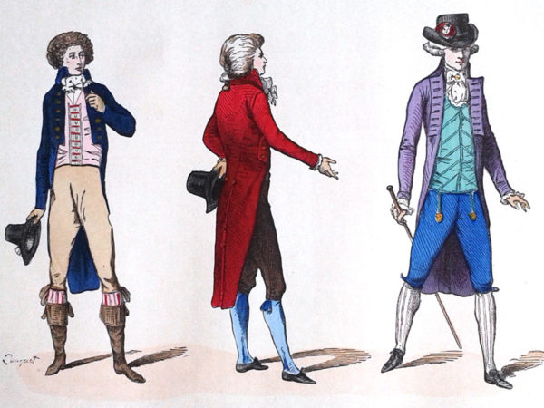 Costumes du commencement de la Révolution en 1790. Gravure coloriée datant de 1882.