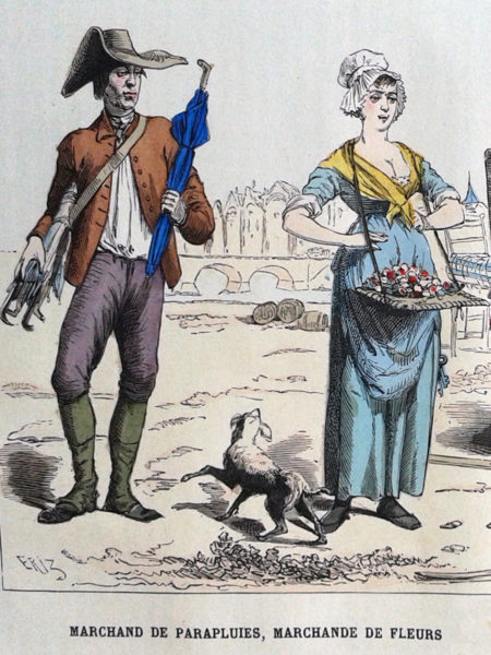 Des marchands parisiens au 18e siècle. Gravure coloriée, 1882.