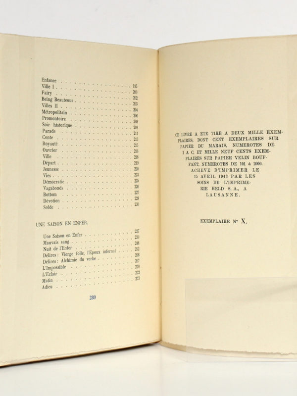 Œuvres complètes de RIMBAUD. Éditions du Grand-Chêne, 1943. Justificatif de tirage.