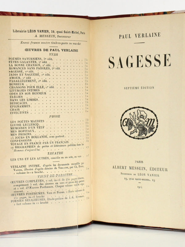 Sagesse, Paul VERLAINE. Albert Messein Éditeur, 1914. Page titre.