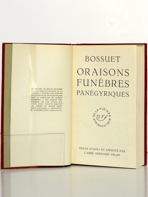 Oraisons funèbres Panégyriques, Bossuet. Bibliothèque de la Pléiade, 1936. Page titre.