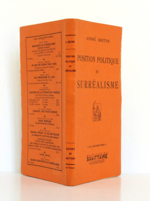 Position politique du Surréalisme, André BRETON. Éditions du Sagittaire, 1935. Couverture : dos et plats.