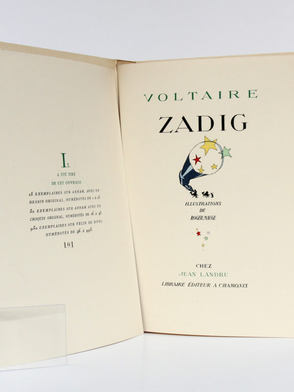 Zadig, VOLTAIRE. Illustrations de Roger MAUGE. Chez Jean Landru, 1947. Justificatif de tirage et page titre.