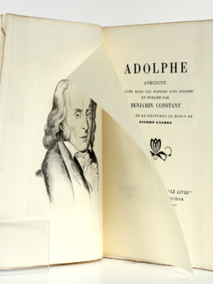 Adolphe, Benjamin CONSTANT, illustrations Pierre GANDON. À la Société d’édition « Le Livre », 1930. Frontispice et page-titre.