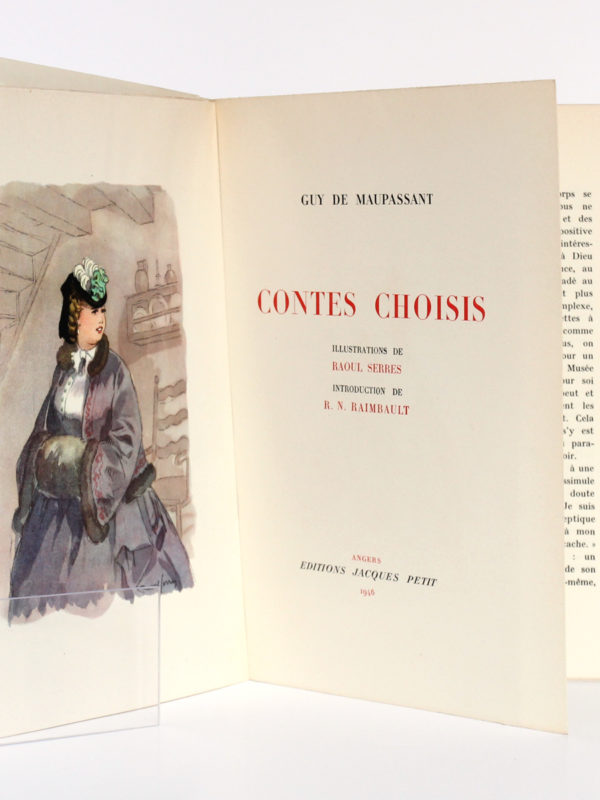 Contes choisis, MAUPASSANT, illustrations Raoul SERRES. Éditions Jacques Petit, 1946. Frontispice et page titre.