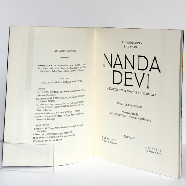 Nanda Devi, troisième expédition française à l'Himalaya, J.-J. LANGUEPIN, L. PAYAN. Arthaud, 1952. Page titre.