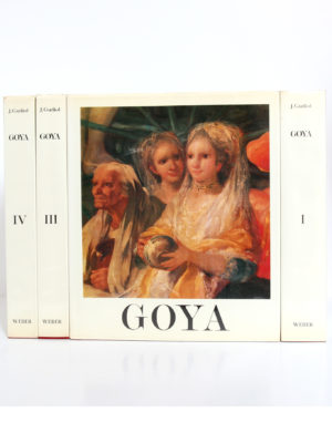 Goya Biographie, Analyse critique, Catalogue des peintures, par José GUDIOL. Couverture volume II et dos des volumes I, III et IV.