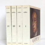 Goya Biographie, Analyse critique, Catalogue des peintures, par José GUDIOL. Dos des 4 volumes et couverture du volume I.